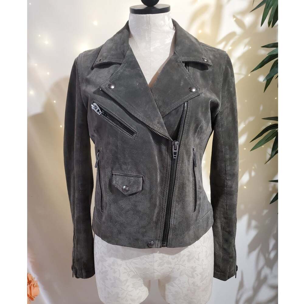 Blank NYC Womens Suede Leather Moto Zip Jacket Size S Green Gray Biker Baddie